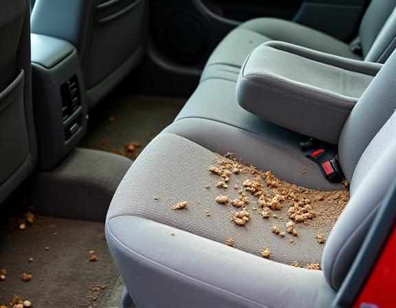 Stained and messy car interior with crumbs and spills before professional cleaning