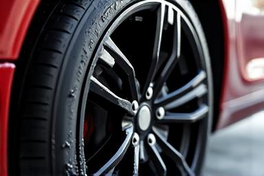 A clean, shiny black tire and alloy wheel